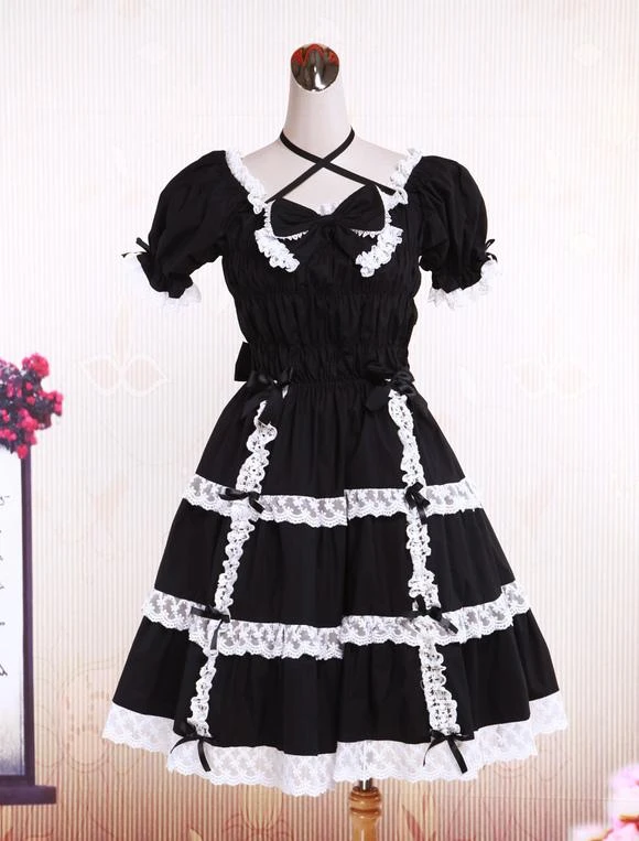 Lolitashow Cotton Black Lace Bow Short Sleeves Gothic Lolita Dress - Image 5