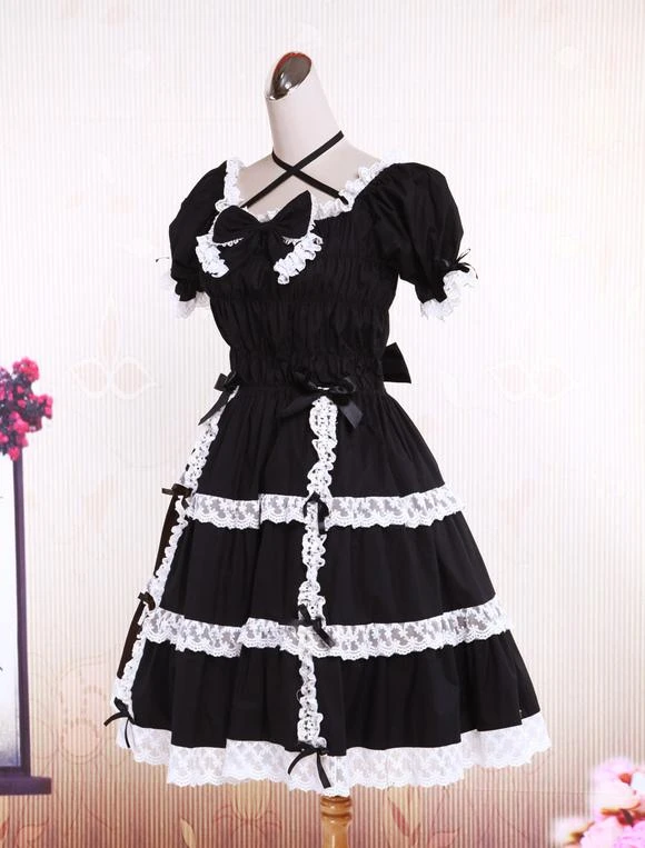 Lolitashow Cotton Black Lace Bow Short Sleeves Gothic Lolita Dress - Image 6