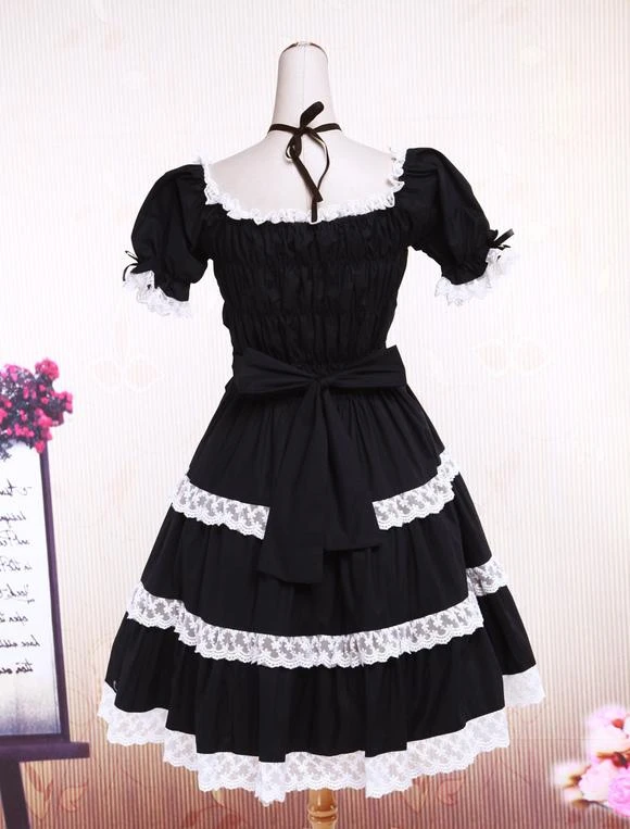 Lolitashow Cotton Black Lace Bow Short Sleeves Gothic Lolita Dress - Image 7