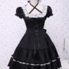 Lolitashow Cotton Black Lolita OP Dress Short Sleeves With Lace Up And White Lace Trim