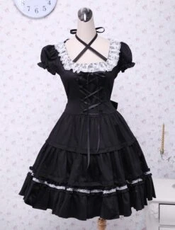 Lolitashow Cotton Black Lolita OP Dress Short Sleeves With Lace Up And White Lace Trim