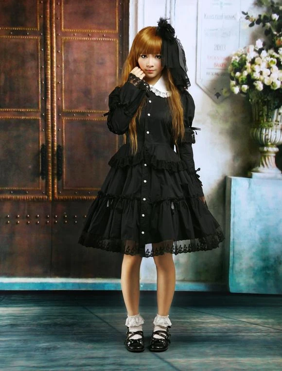 Lolitashow Black Cotton Lolita OP Dress Long Sleeves Round Collar Lace Trim - Image 2
