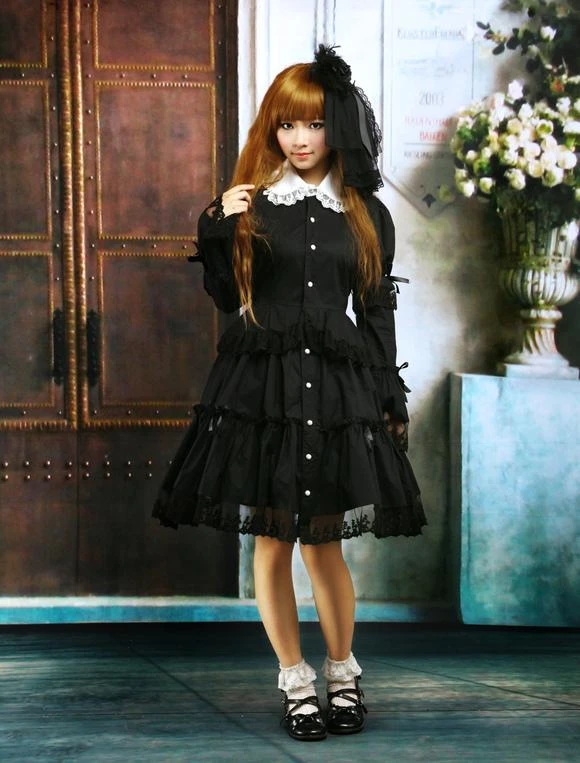 Lolitashow Black Cotton Lolita OP Dress Long Sleeves Round Collar Lace Trim - Image 3