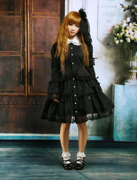 Lolitashow Black Cotton Lolita OP Dress Long Sleeves Round Collar Lace Trim - Image 4
