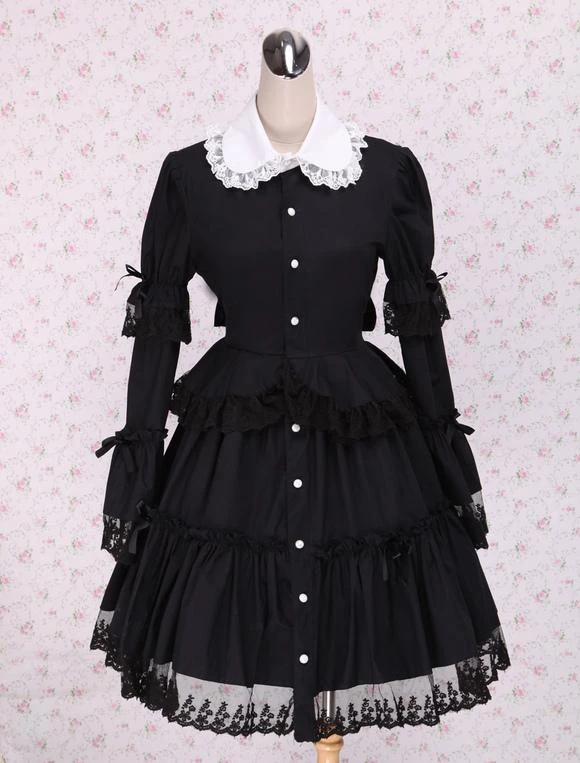 Lolitashow Black Cotton Lolita OP Dress Long Sleeves Round Collar Lace Trim - Image 5