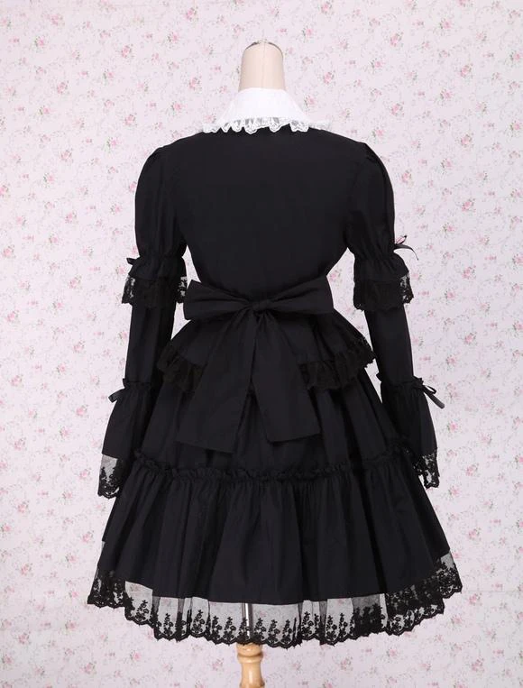 Lolitashow Black Cotton Lolita OP Dress Long Sleeves Round Collar Lace Trim - Image 7
