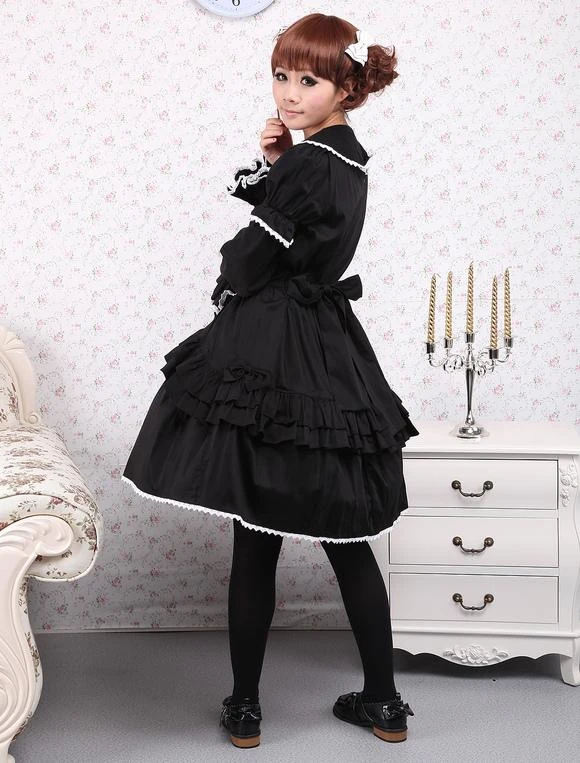Lolitashow Cotton Black Loltia OP Dress Long Sleeves Lace Up Layered Ruffles Bow - Image 8