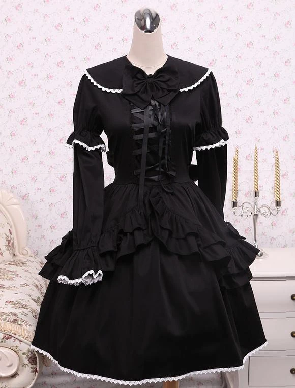 Lolitashow Cotton Black Loltia OP Dress Long Sleeves Lace Up Layered Ruffles Bow