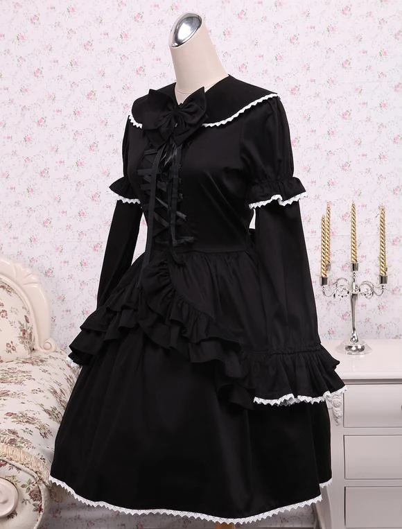 Lolitashow Cotton Black Loltia OP Dress Long Sleeves Lace Up Layered Ruffles Bow - Image 2