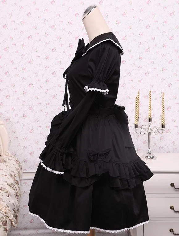 Lolitashow Cotton Black Loltia OP Dress Long Sleeves Lace Up Layered Ruffles Bow - Image 3