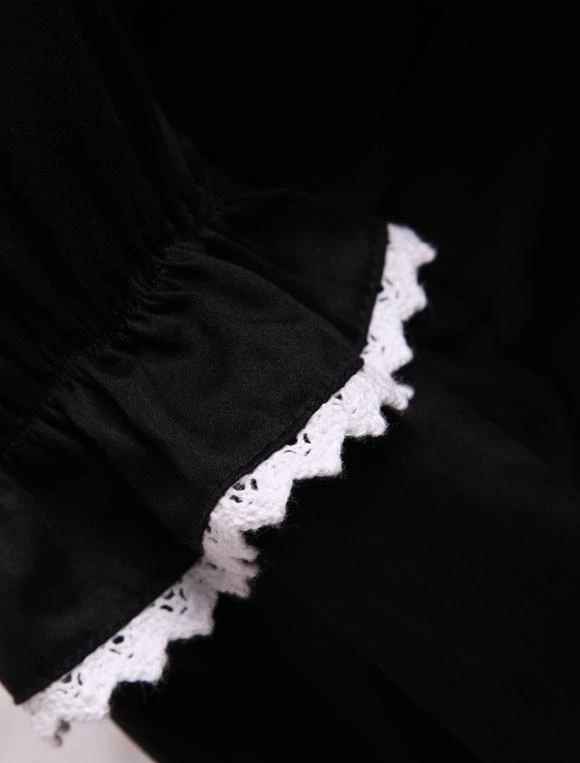 Lolitashow Cotton Black Loltia OP Dress Long Sleeves Lace Up Layered Ruffles Bow - Image 4