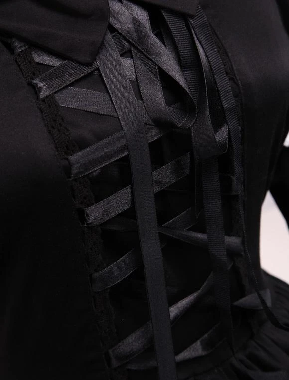 Lolitashow Cotton Black Loltia OP Dress Long Sleeves Lace Up Layered Ruffles Bow - Image 5