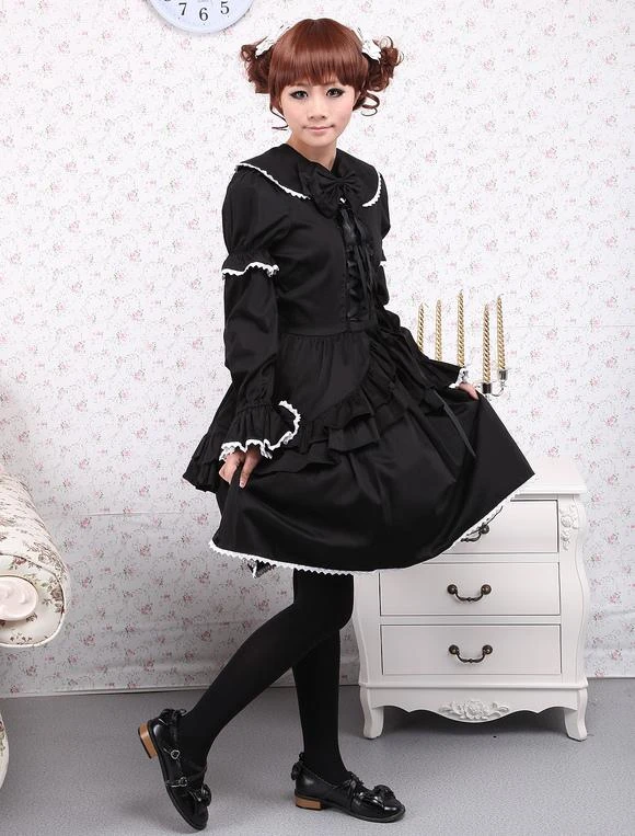 Lolitashow Cotton Black Loltia OP Dress Long Sleeves Lace Up Layered Ruffles Bow - Image 6