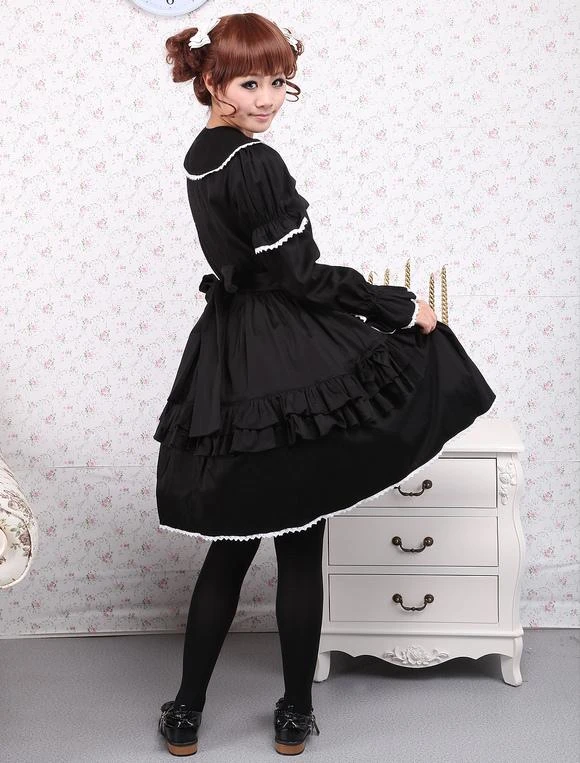 Lolitashow Cotton Black Loltia OP Dress Long Sleeves Lace Up Layered Ruffles Bow - Image 7