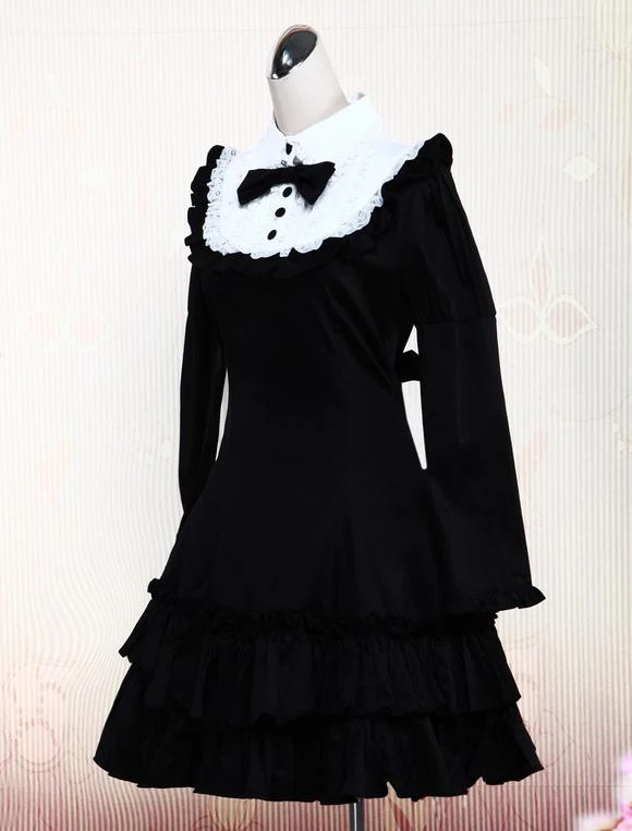 Lolitashow Cotton Black Long Sleeves Ruffle Classic Lolita Dress - Image 2