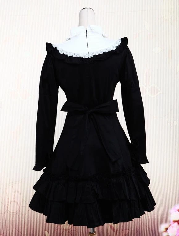 Lolitashow Cotton Black Long Sleeves Ruffle Classic Lolita Dress - Image 3