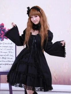 Cotton Black Lolita OP Dress Long Sleeves Lace Trim