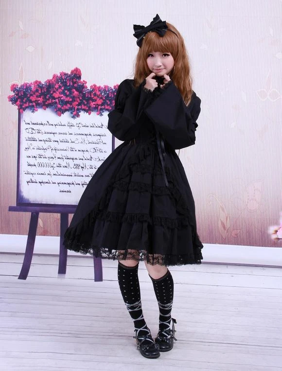 Cotton Black Lolita OP Dress Long Sleeves Lace Trim - Image 2