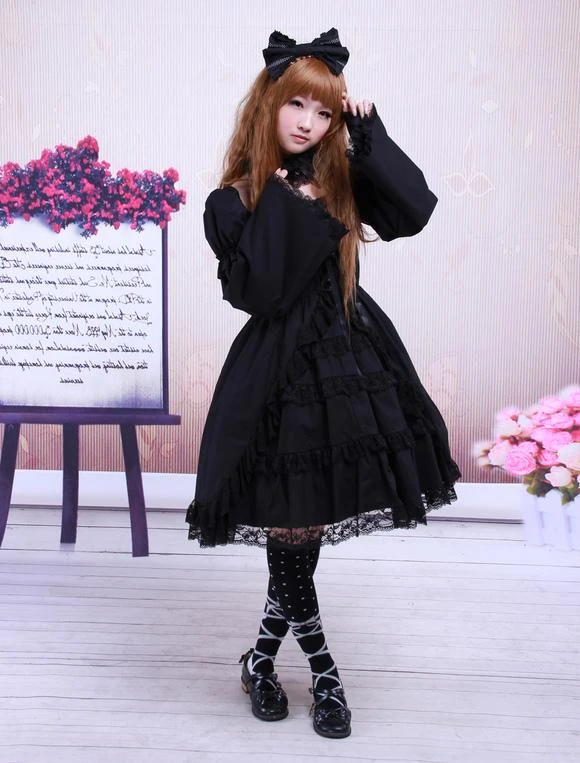 Cotton Black Lolita OP Dress Long Sleeves Lace Trim - Image 3