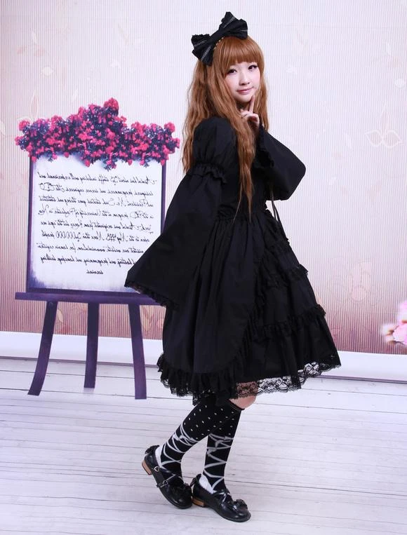 Cotton Black Lolita OP Dress Long Sleeves Lace Trim - Image 4