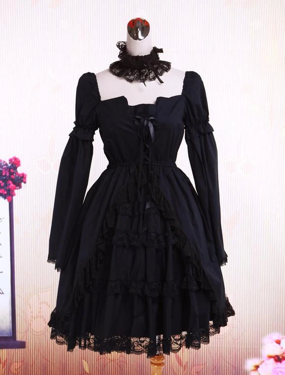 Cotton Black Lolita OP Dress Long Sleeves Lace Trim - Image 5