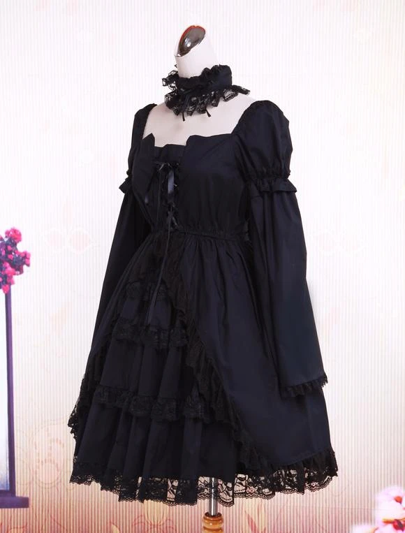 Cotton Black Lolita OP Dress Long Sleeves Lace Trim - Image 6