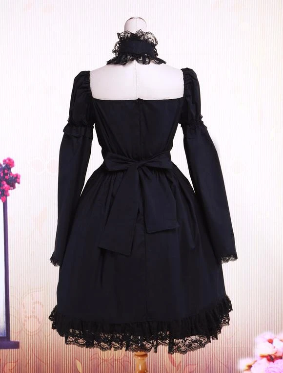 Cotton Black Lolita OP Dress Long Sleeves Lace Trim - Image 7