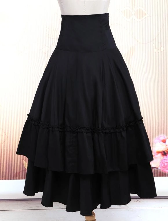 Lolitashow Gothic Lolita Dress SK Black Lace Up Ruffle Tiered Cotton Lolita Skirt - Image 3