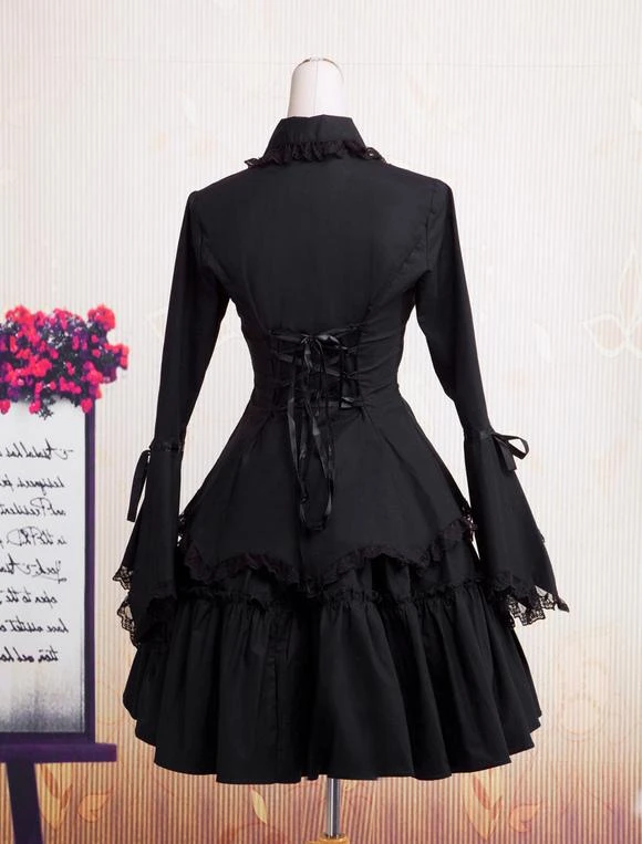 Lolitashow Gothic Lolita Dress OP Black Long Hime Sleeves Ruffles Lace Trim Cotton Lolita One Piece Dress - Image 3