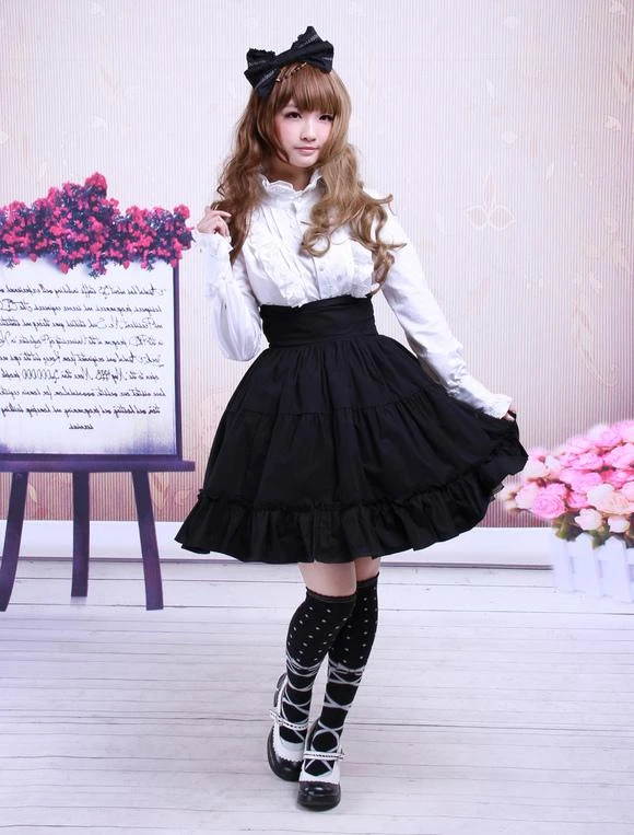 Lolitashow Gothic Lolita Dress SK Black High Waist Ruffles Cotton Lolita Skirt - Image 2