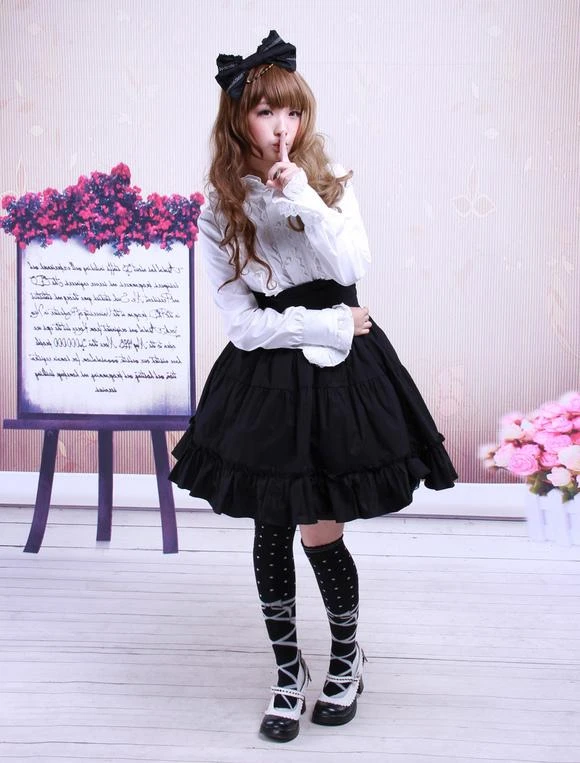 Lolitashow Gothic Lolita Dress SK Black High Waist Ruffles Cotton Lolita Skirt - Image 3