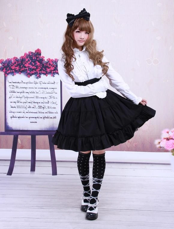 Lolitashow Gothic Lolita Dress SK Black High Waist Ruffles Cotton Lolita Skirt - Image 4