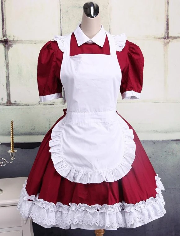 Lolitashow Cotton Dark Red And White Cosplay Lolita Dress With Apron