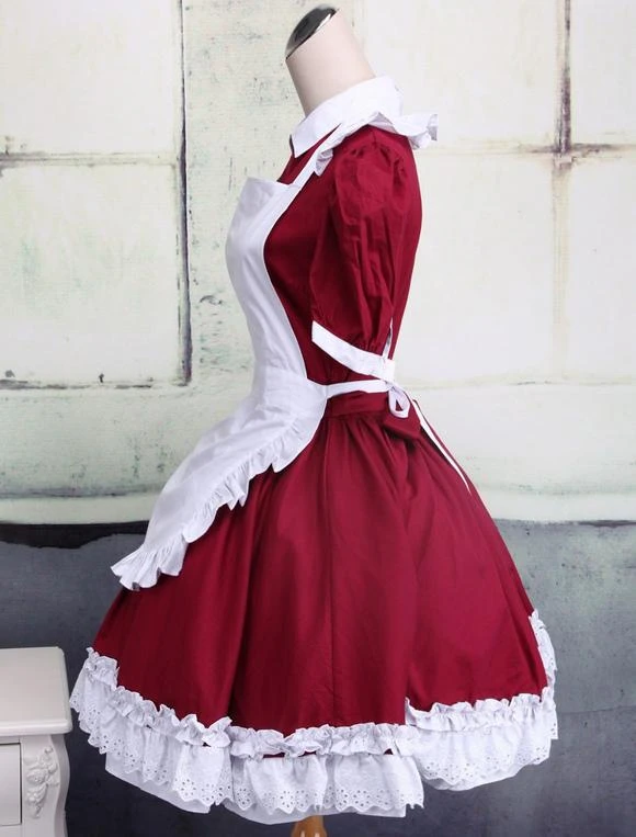 Lolitashow Cotton Dark Red And White Cosplay Lolita Dress With Apron - Image 2