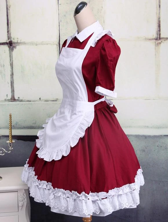 Lolitashow Cotton Dark Red And White Cosplay Lolita Dress With Apron - Image 3