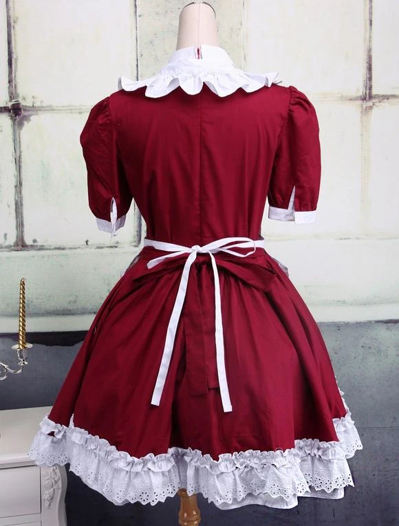 Lolitashow Cotton Dark Red And White Cosplay Lolita Dress With Apron - Image 4