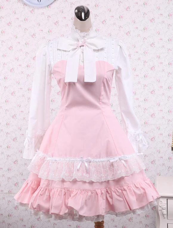 Lolitashow Cotton Pink And White Lace Classic Lolita Dress