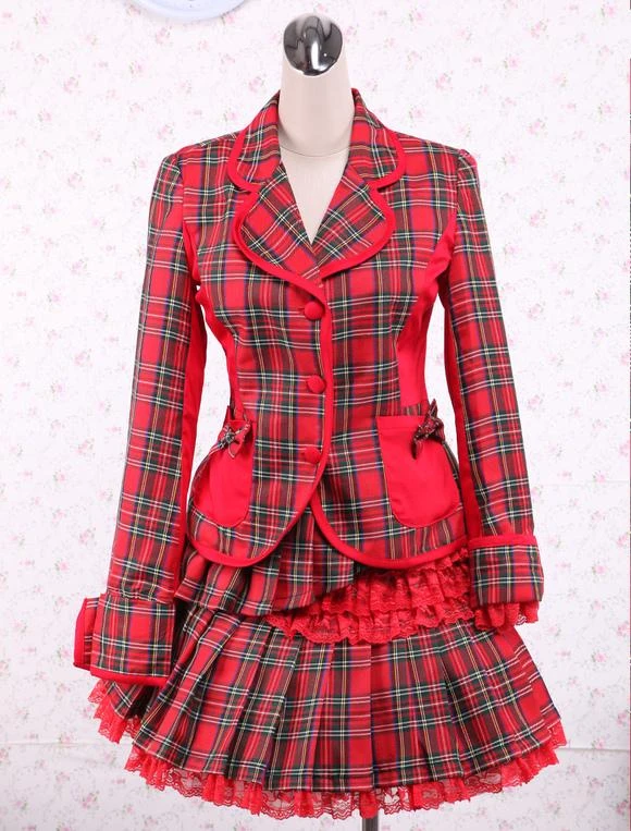 Lolitashow Cotton Red Gingham School Lolita Top And Skirt