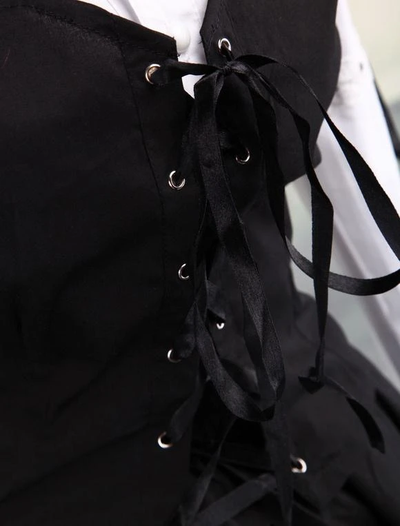 Lolitashow Cotton White And Black Long Sleeves Punk Lolita Blouse And Skirt - Image 9