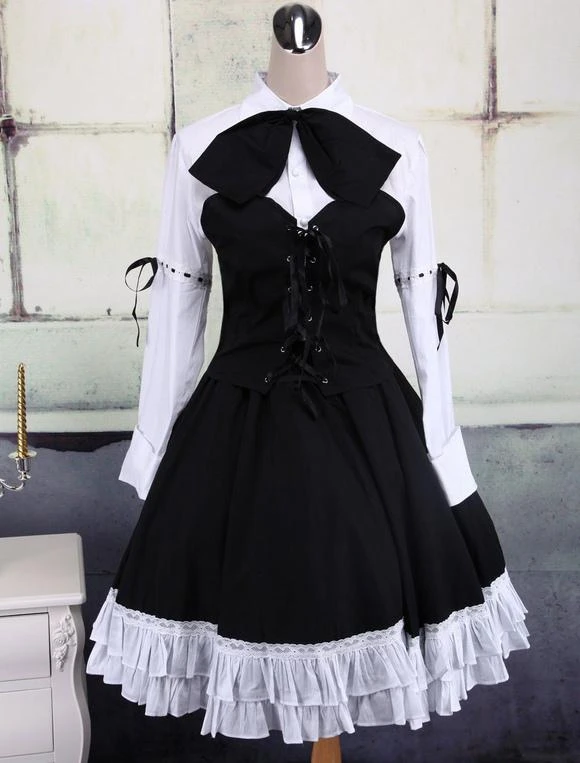 Lolitashow Cotton White And Black Long Sleeves Punk Lolita Blouse And Skirt