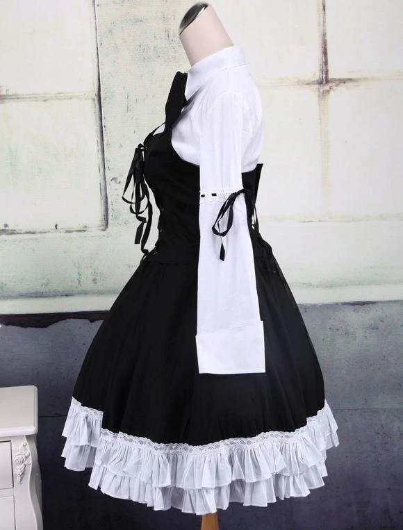 Lolitashow Cotton White And Black Long Sleeves Punk Lolita Blouse And Skirt - Image 2