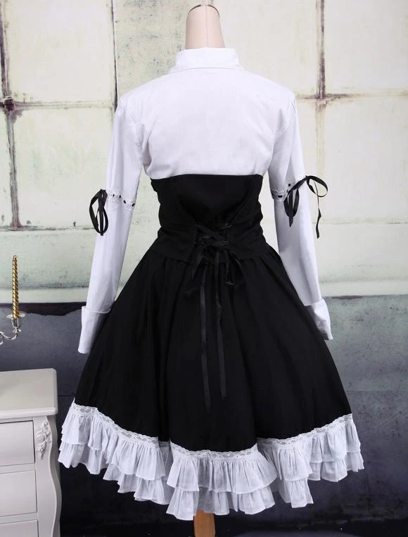 Lolitashow Cotton White And Black Long Sleeves Punk Lolita Blouse And Skirt - Image 4