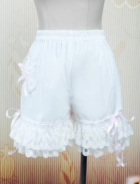 Lolita Bloomers White Cotton Lace Trim Heart Shape Pocket Bow Ribbon