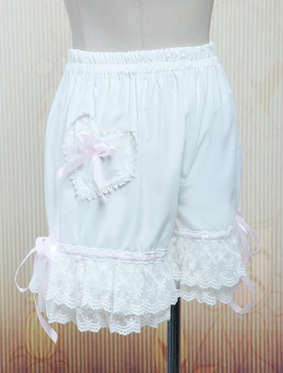 Lolita Bloomers White Cotton Lace Trim Heart Shape Pocket Bow Ribbon - Image 2