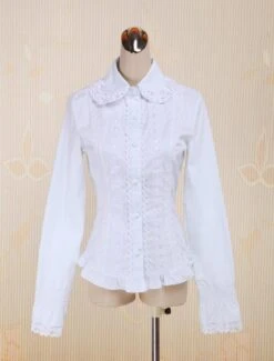 Lolitashow White Cotton Lolita Blouse Long Sleeves Lace Trim Turn-down Collar