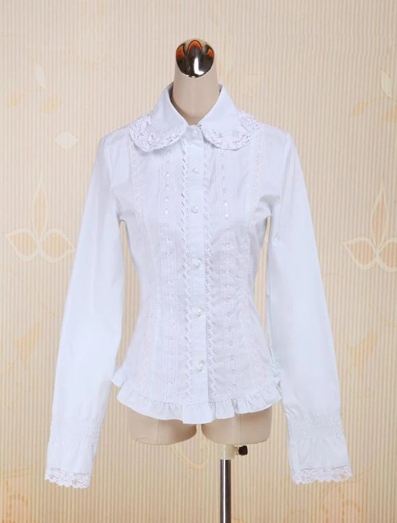 Lolitashow White Cotton Lolita Blouse Long Sleeves Lace Trim Turn-down Collar