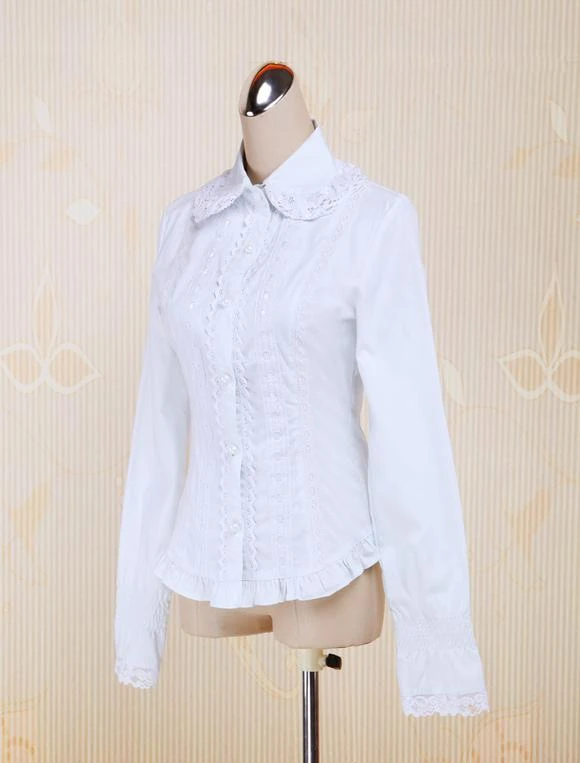 Lolitashow White Cotton Lolita Blouse Long Sleeves Lace Trim Turn-down Collar - Image 2