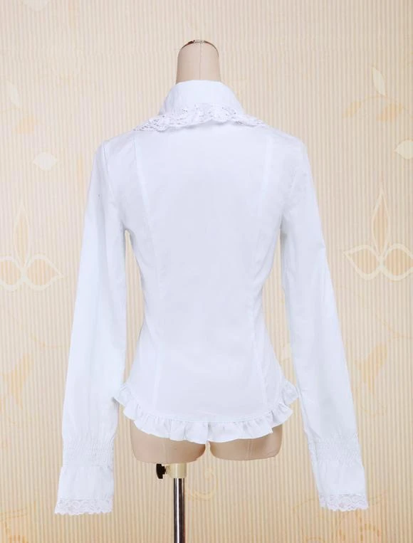 Lolitashow White Cotton Lolita Blouse Long Sleeves Lace Trim Turn-down Collar - Image 3