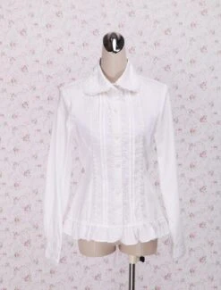 Lolitashow White Cotton Lolita Blouse Long Sleeves Waist Belt Ruffles Trim