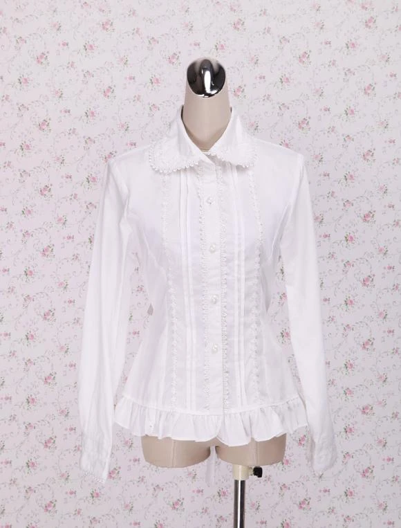 Lolitashow White Cotton Lolita Blouse Long Sleeves Waist Belt Ruffles Trim